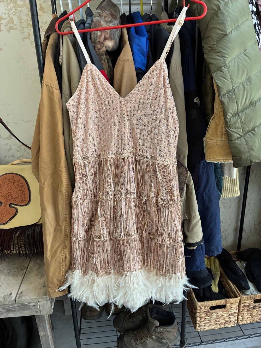 Sequin Fringe Feather Trim Slip Dress - Blush